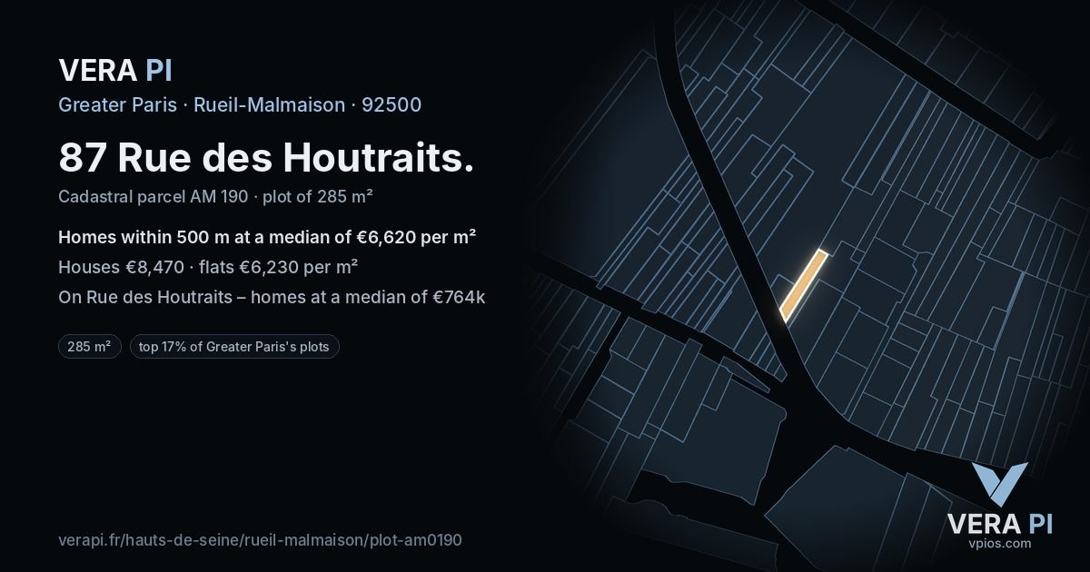 87 Rue des Houtraits, Rueil-Malmaison at night – the plot lit, the parcels around coloured by the prices near them