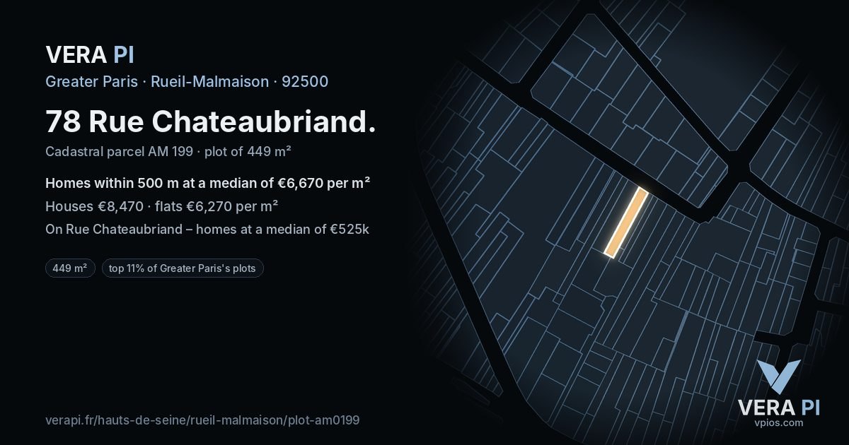 78 Rue Chateaubriand, Rueil-Malmaison at night – the plot lit, the parcels around coloured by the prices near them