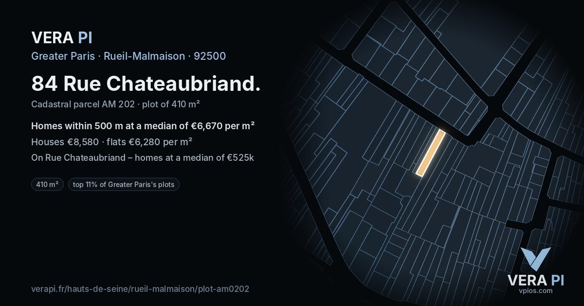 84 Rue Chateaubriand, Rueil-Malmaison at night – the plot lit, the parcels around coloured by the prices near them