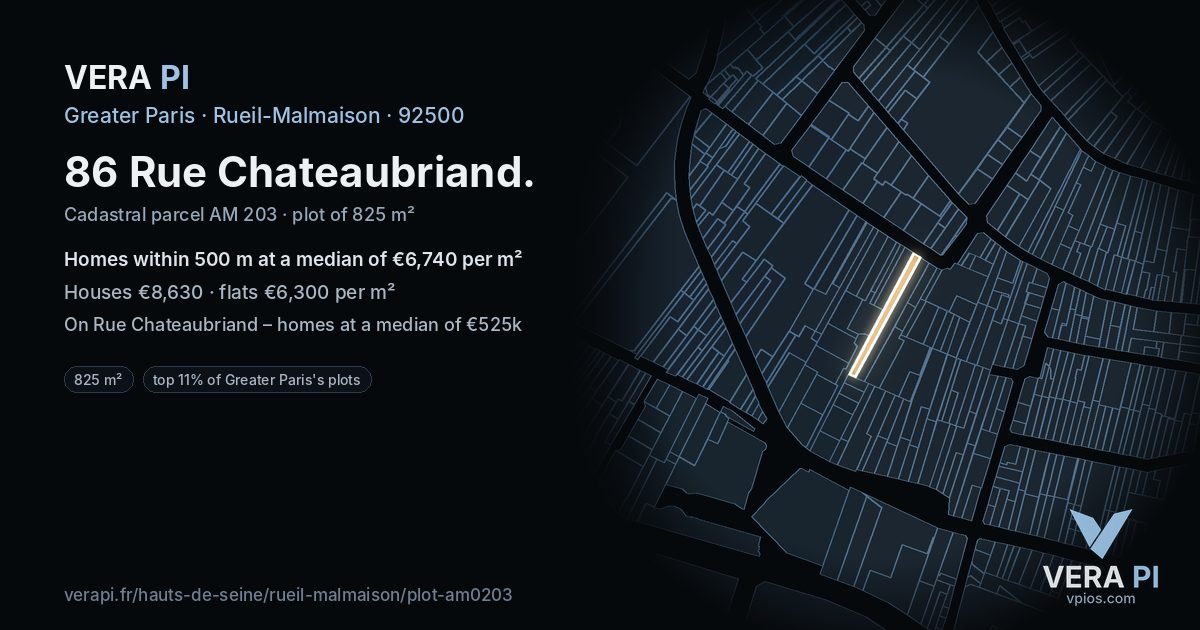 86 Rue Chateaubriand, Rueil-Malmaison at night – the plot lit, the parcels around coloured by the prices near them