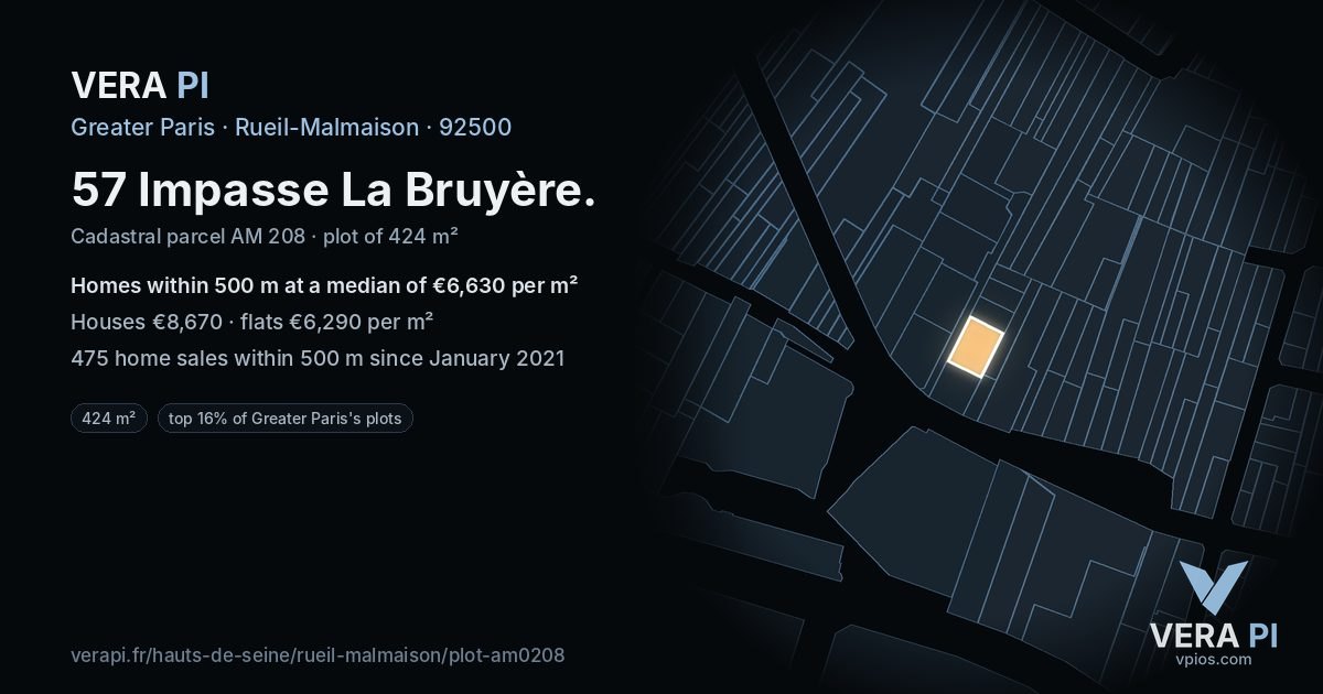 57 Impasse La Bruyère, Rueil-Malmaison at night – the plot lit, the parcels around coloured by the prices near them