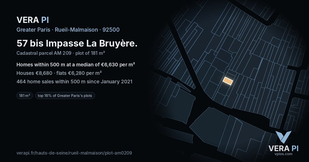 57 bis Impasse La Bruyère, Rueil-Malmaison at night – the plot lit, the parcels around coloured by the prices near them