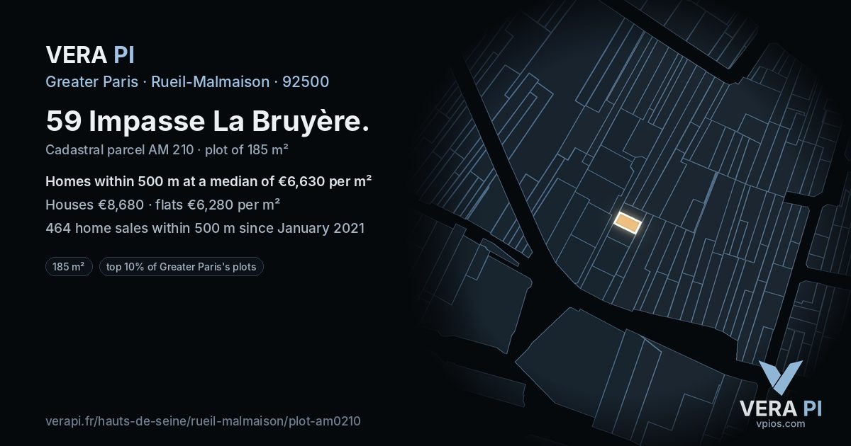 59 Impasse La Bruyère, Rueil-Malmaison at night – the plot lit, the parcels around coloured by the prices near them