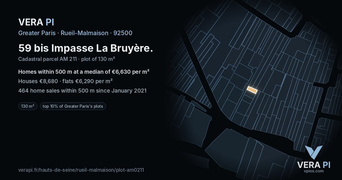 59 bis Impasse La Bruyère, Rueil-Malmaison at night – the plot lit, the parcels around coloured by the prices near them