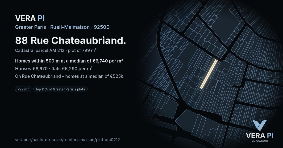 88 Rue Chateaubriand, Rueil-Malmaison at night – the plot lit, the parcels around coloured by the prices near them