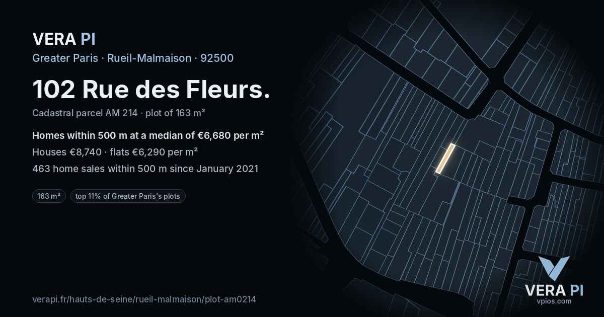 102 Rue des Fleurs, Rueil-Malmaison at night – the plot lit, the parcels around coloured by the prices near them
