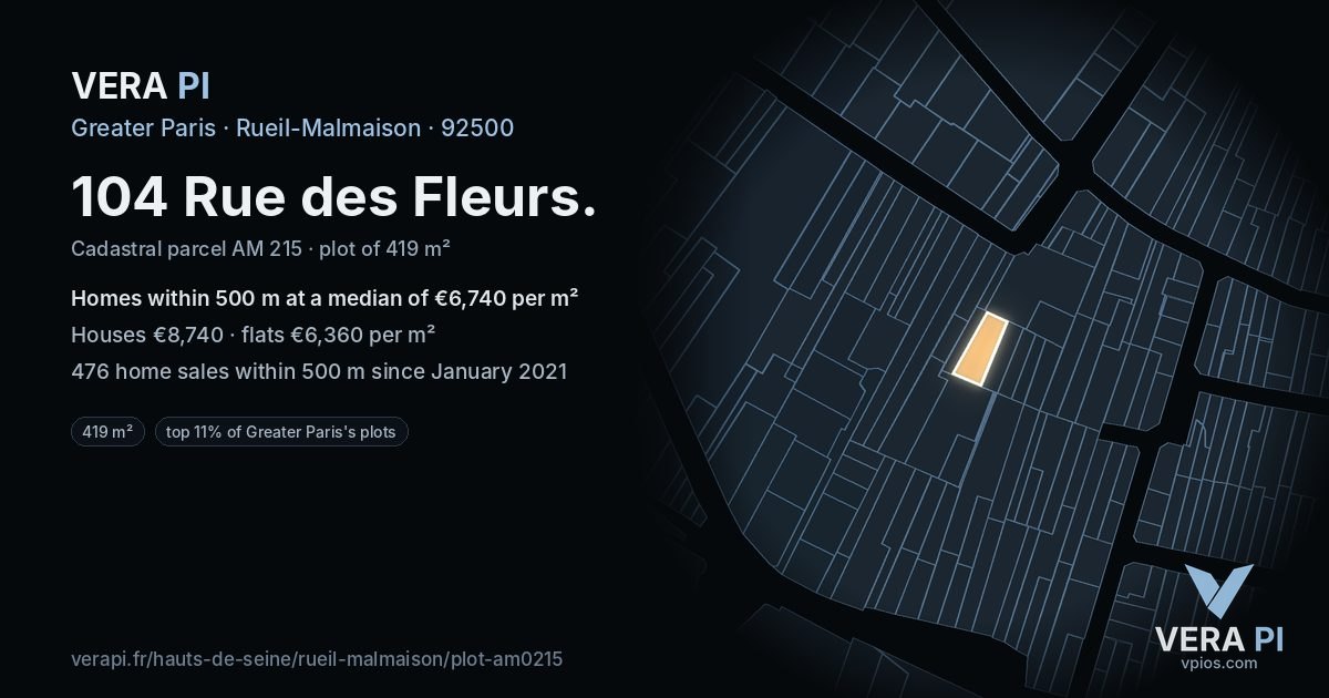 104 Rue des Fleurs, Rueil-Malmaison at night – the plot lit, the parcels around coloured by the prices near them