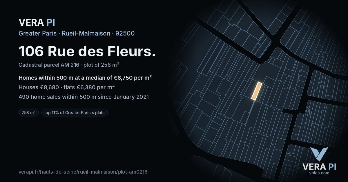 106 Rue des Fleurs, Rueil-Malmaison at night – the plot lit, the parcels around coloured by the prices near them