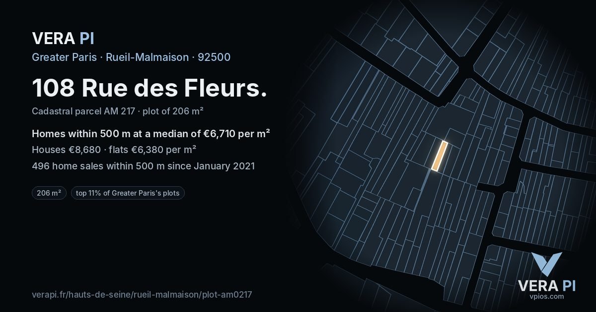 108 Rue des Fleurs, Rueil-Malmaison at night – the plot lit, the parcels around coloured by the prices near them