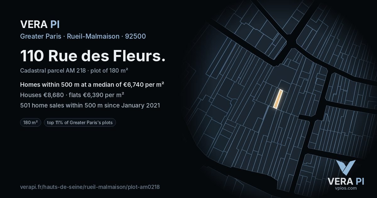 110 Rue des Fleurs, Rueil-Malmaison at night – the plot lit, the parcels around coloured by the prices near them