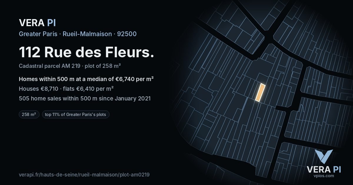 112 Rue des Fleurs, Rueil-Malmaison at night – the plot lit, the parcels around coloured by the prices near them