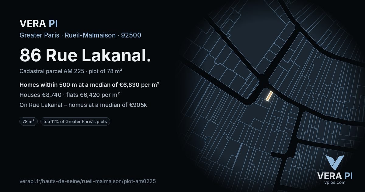 86 Rue Lakanal, Rueil-Malmaison at night – the plot lit, the parcels around coloured by the prices near them