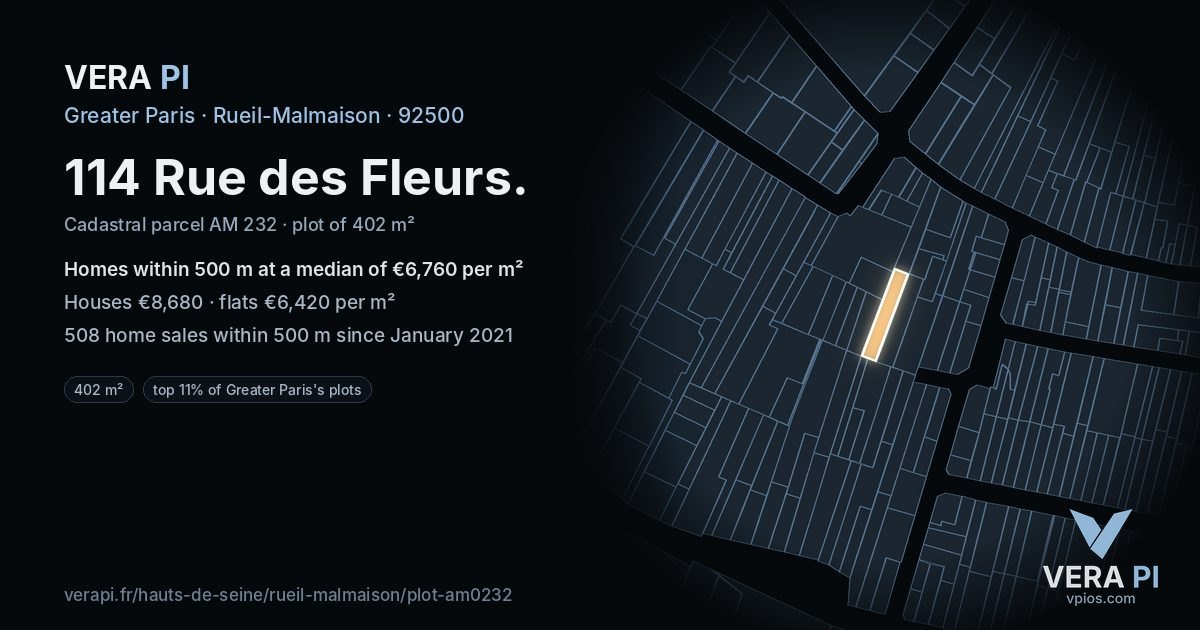 114 Rue des Fleurs, Rueil-Malmaison at night – the plot lit, the parcels around coloured by the prices near them