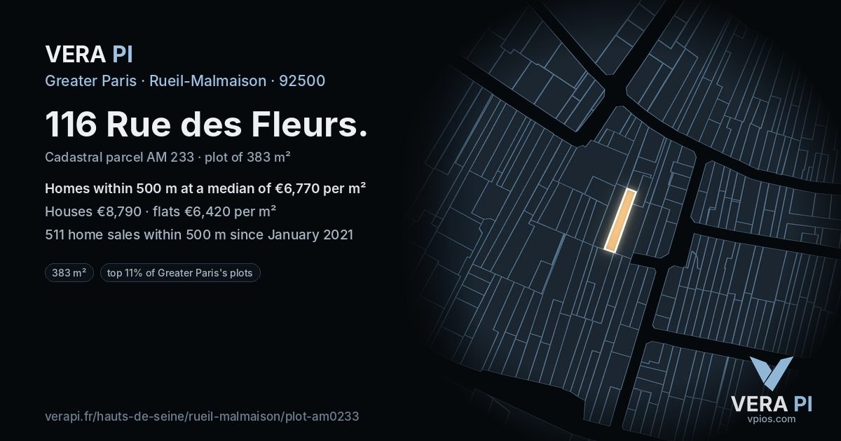 116 Rue des Fleurs, Rueil-Malmaison at night – the plot lit, the parcels around coloured by the prices near them
