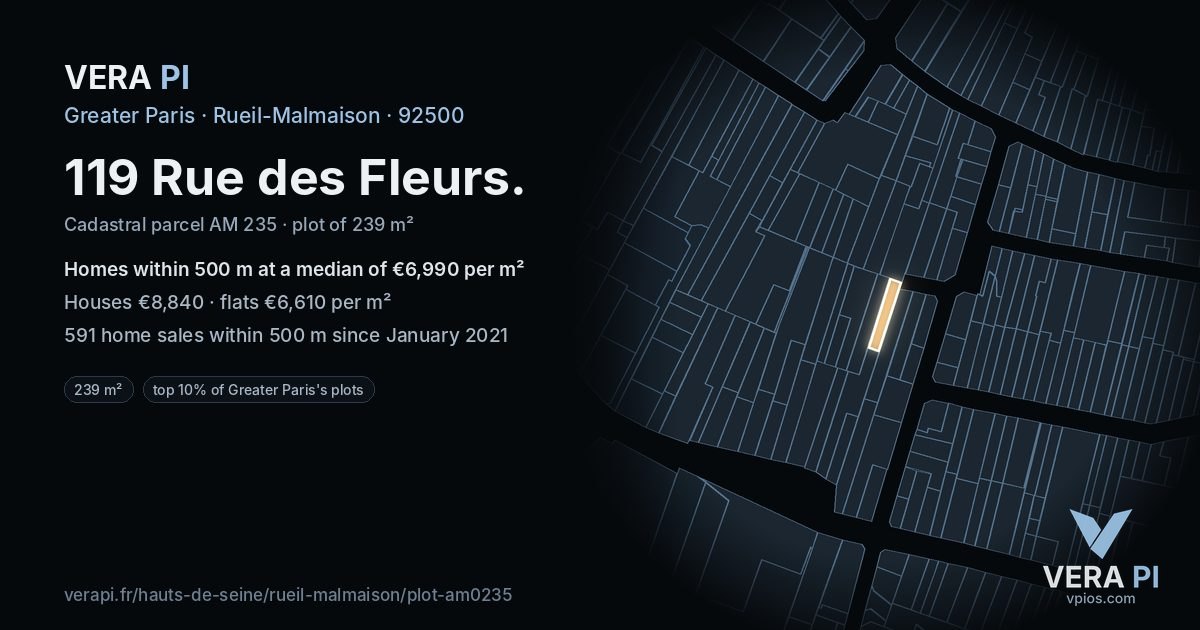 119 Rue des Fleurs, Rueil-Malmaison at night – the plot lit, the parcels around coloured by the prices near them