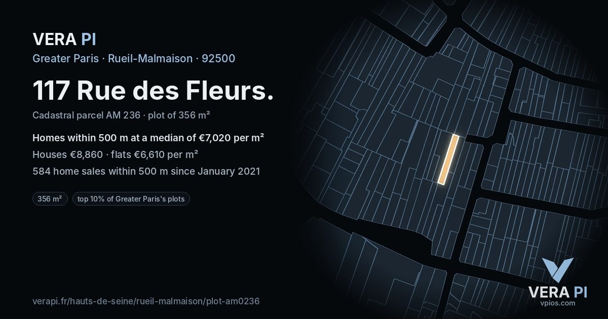 117 Rue des Fleurs, Rueil-Malmaison at night – the plot lit, the parcels around coloured by the prices near them