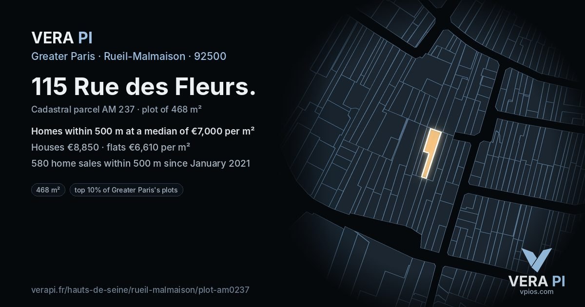 115 Rue des Fleurs, Rueil-Malmaison at night – the plot lit, the parcels around coloured by the prices near them