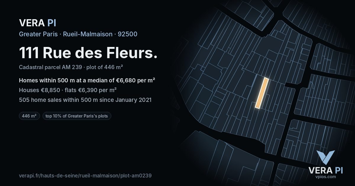 111 Rue des Fleurs, Rueil-Malmaison at night – the plot lit, the parcels around coloured by the prices near them