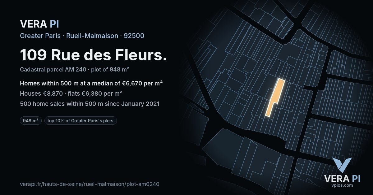 109 Rue des Fleurs, Rueil-Malmaison at night – the plot lit, the parcels around coloured by the prices near them