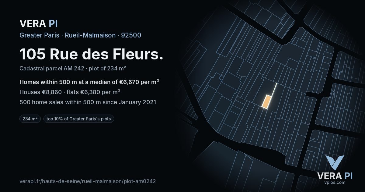 105 Rue des Fleurs, Rueil-Malmaison at night – the plot lit, the parcels around coloured by the prices near them