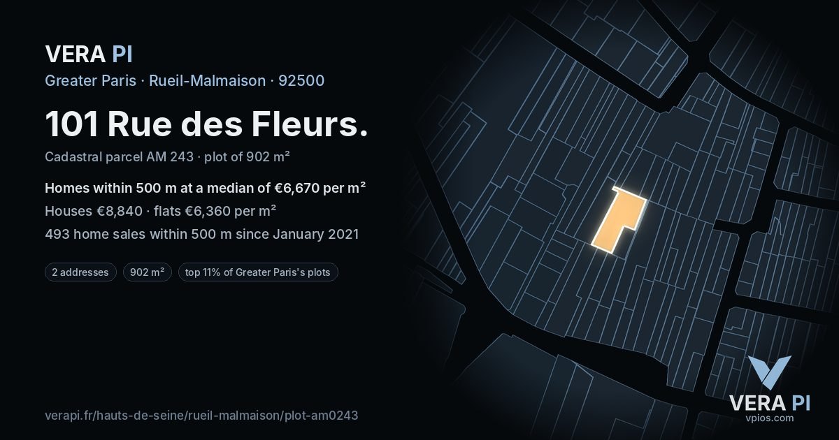 101 Rue des Fleurs, Rueil-Malmaison at night – the plot lit, the parcels around coloured by the prices near them