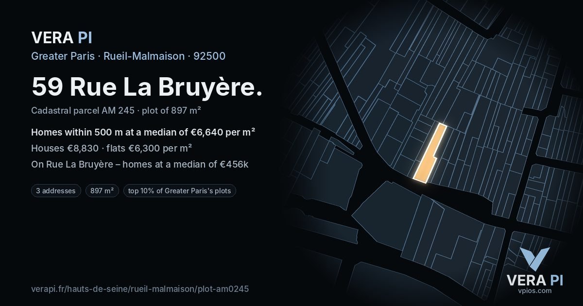 59 Rue La Bruyère, Rueil-Malmaison at night – the plot lit, the parcels around coloured by the prices near them