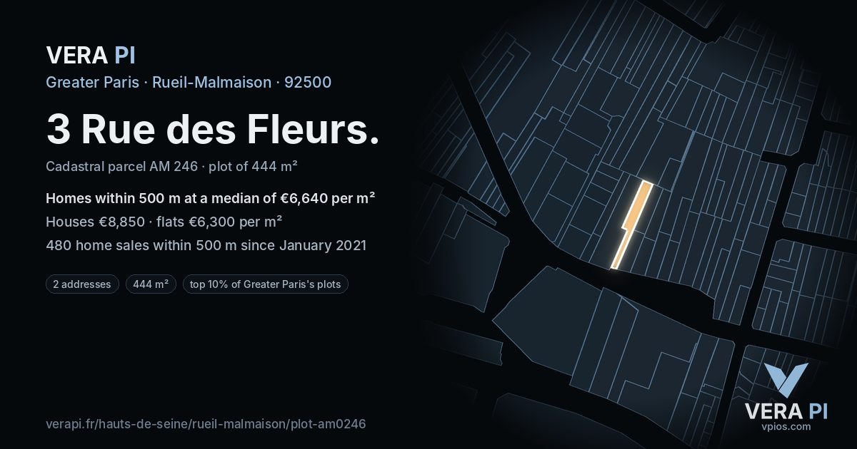 3 Rue des Fleurs, Rueil-Malmaison at night – the plot lit, the parcels around coloured by the prices near them