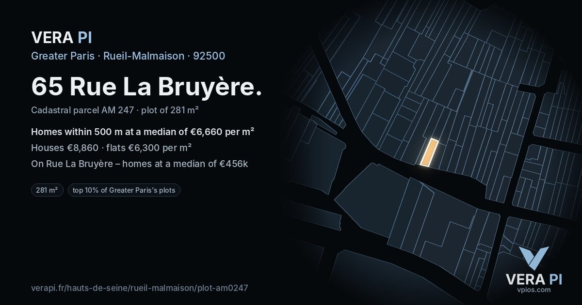 65 Rue La Bruyère, Rueil-Malmaison at night – the plot lit, the parcels around coloured by the prices near them