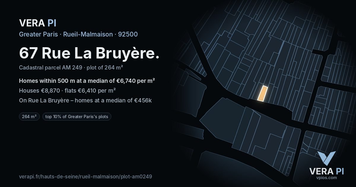 67 Rue La Bruyère, Rueil-Malmaison at night – the plot lit, the parcels around coloured by the prices near them