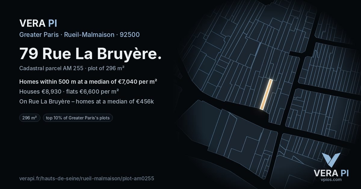 79 Rue La Bruyère, Rueil-Malmaison at night – the plot lit, the parcels around coloured by the prices near them
