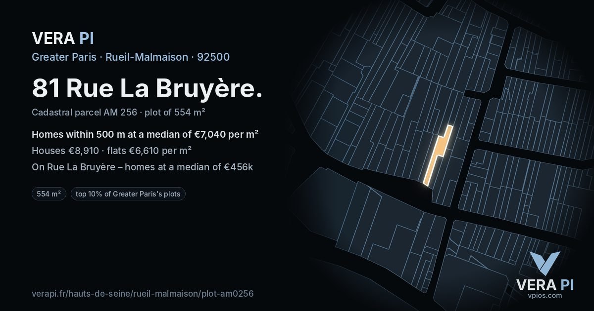 81 Rue La Bruyère, Rueil-Malmaison at night – the plot lit, the parcels around coloured by the prices near them