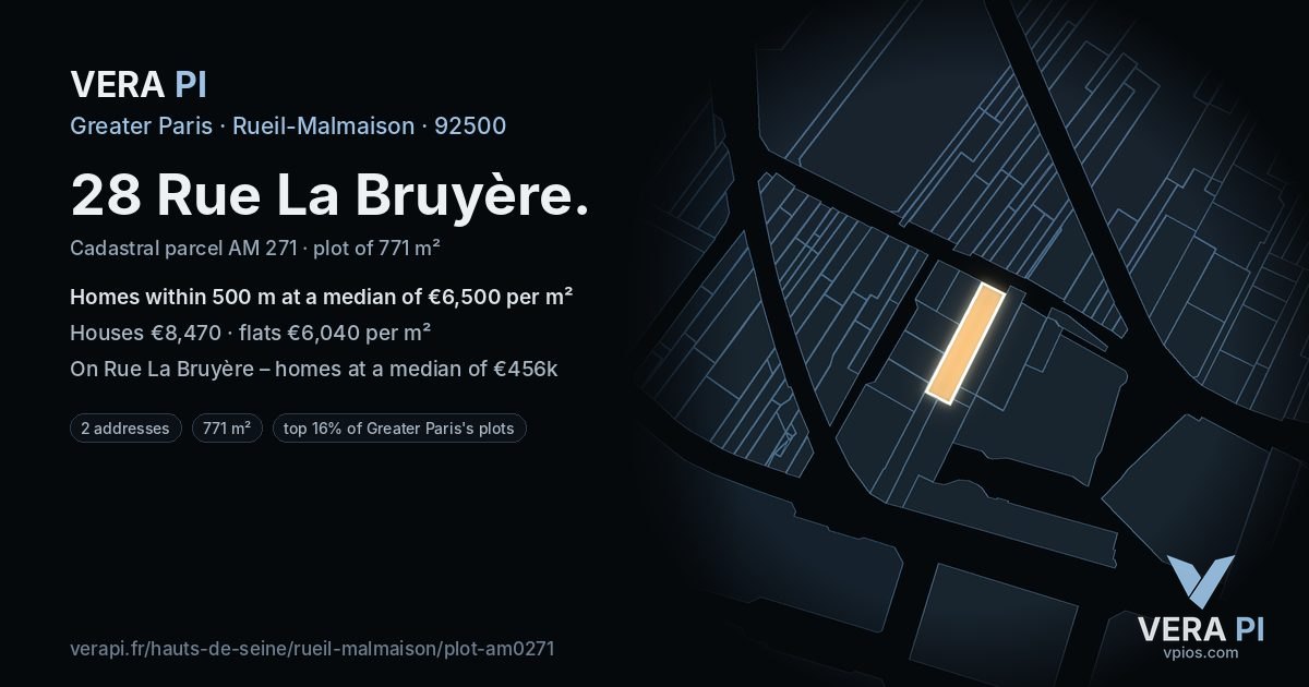 28 Rue La Bruyère, Rueil-Malmaison at night – the plot lit, the parcels around coloured by the prices near them