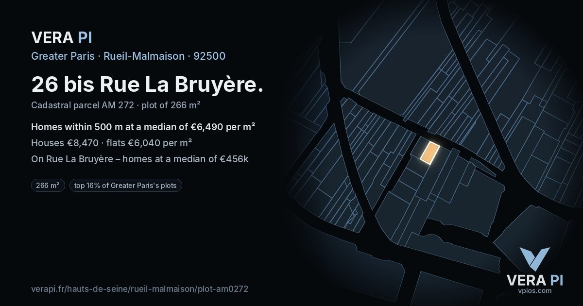 26 bis Rue La Bruyère, Rueil-Malmaison at night – the plot lit, the parcels around coloured by the prices near them