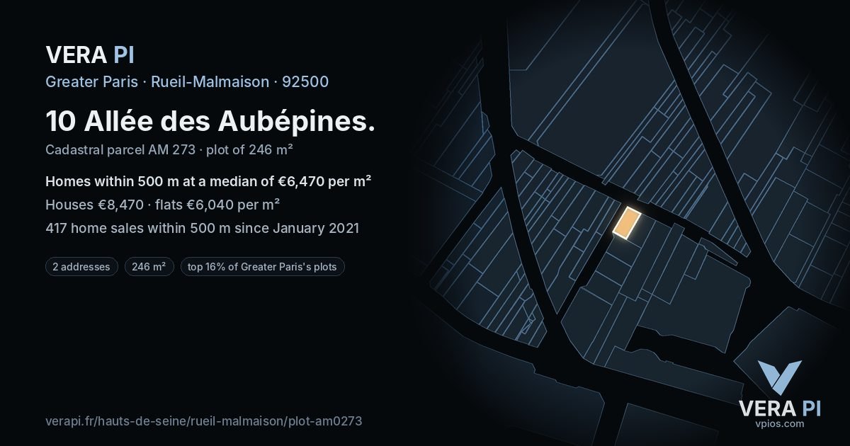 10 Allée des Aubépines, Rueil-Malmaison at night – the plot lit, the parcels around coloured by the prices near them