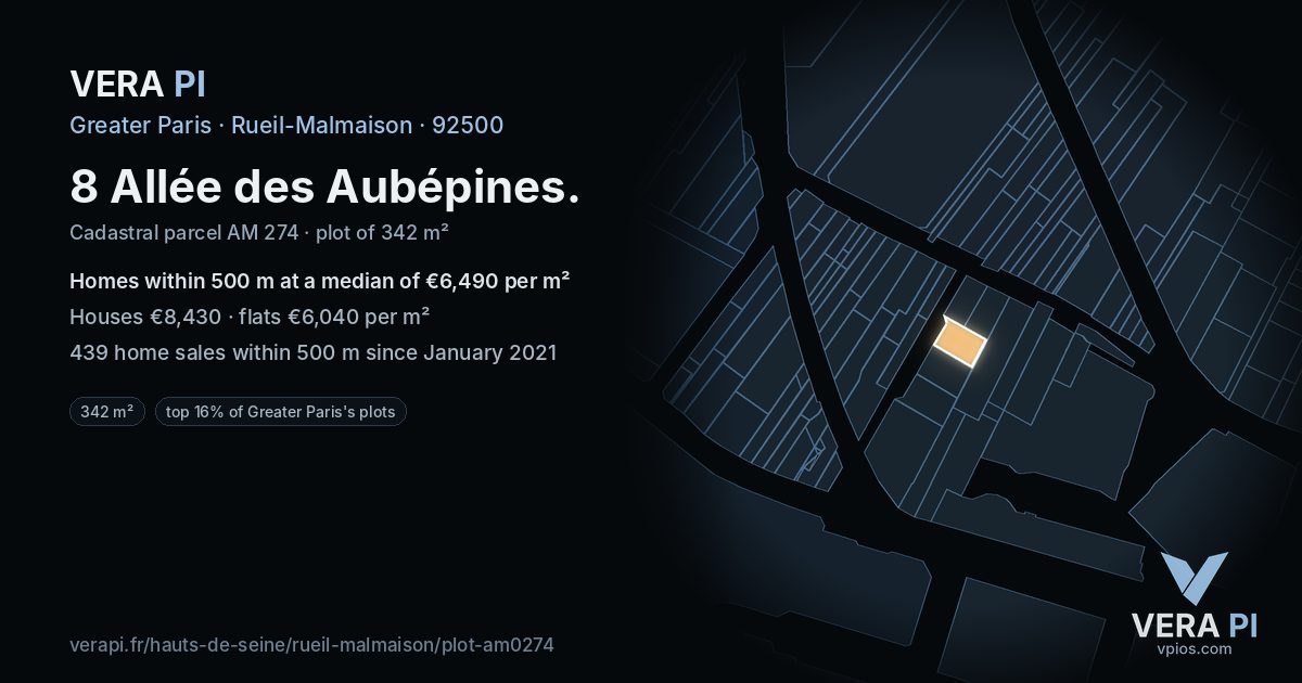 8 Allée des Aubépines, Rueil-Malmaison at night – the plot lit, the parcels around coloured by the prices near them