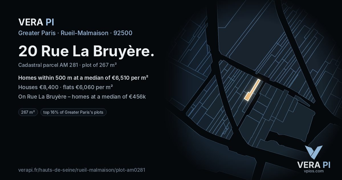 20 Rue La Bruyère, Rueil-Malmaison at night – the plot lit, the parcels around coloured by the prices near them