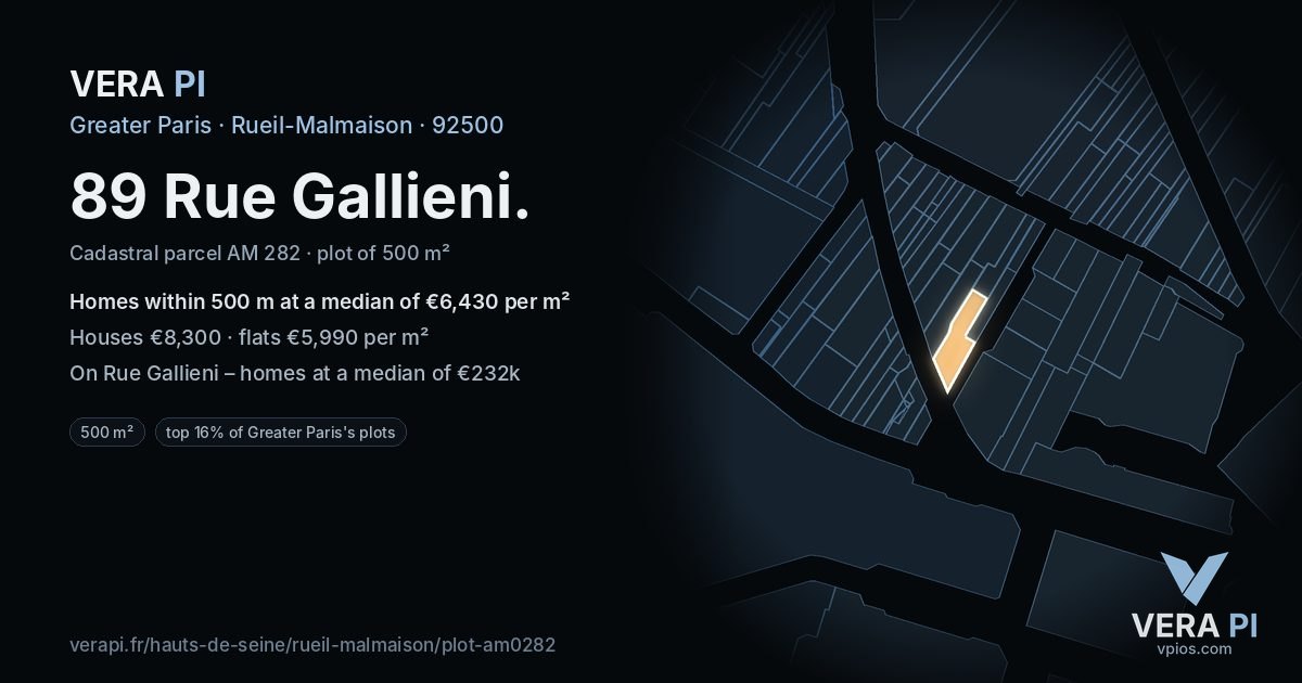 89 Rue Gallieni, Rueil-Malmaison at night – the plot lit, the parcels around coloured by the prices near them
