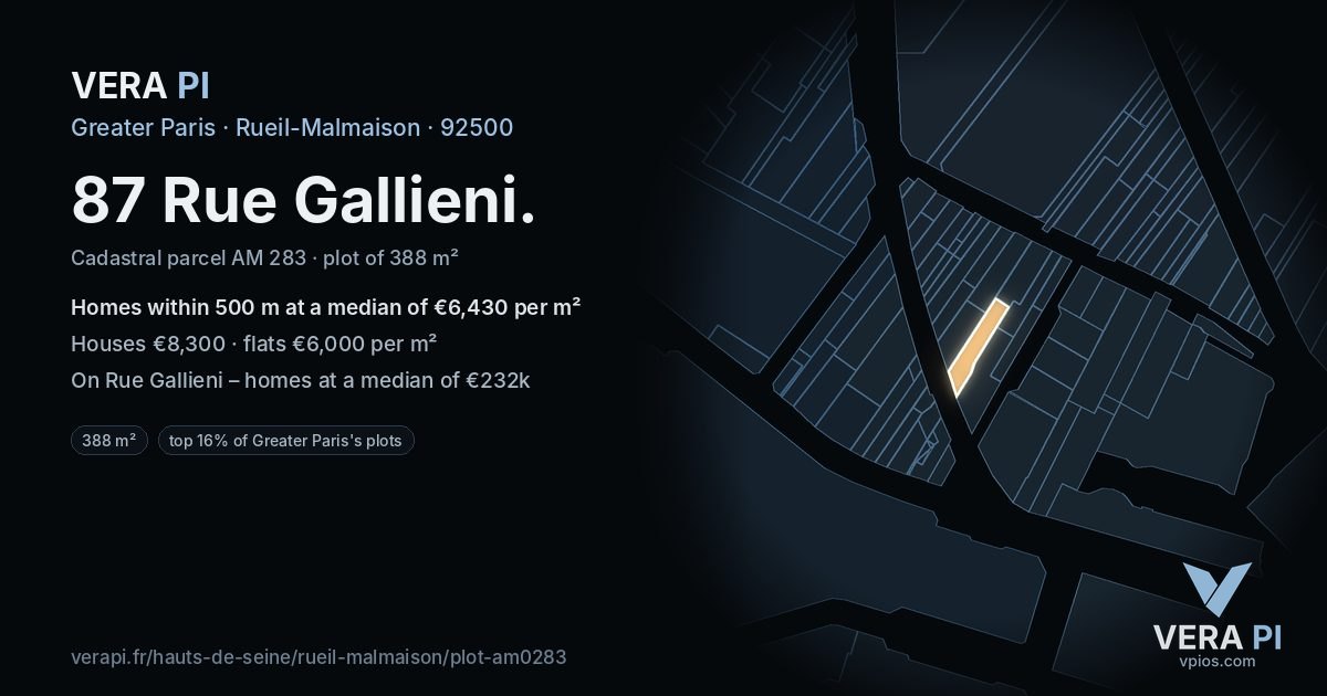 87 Rue Gallieni, Rueil-Malmaison at night – the plot lit, the parcels around coloured by the prices near them