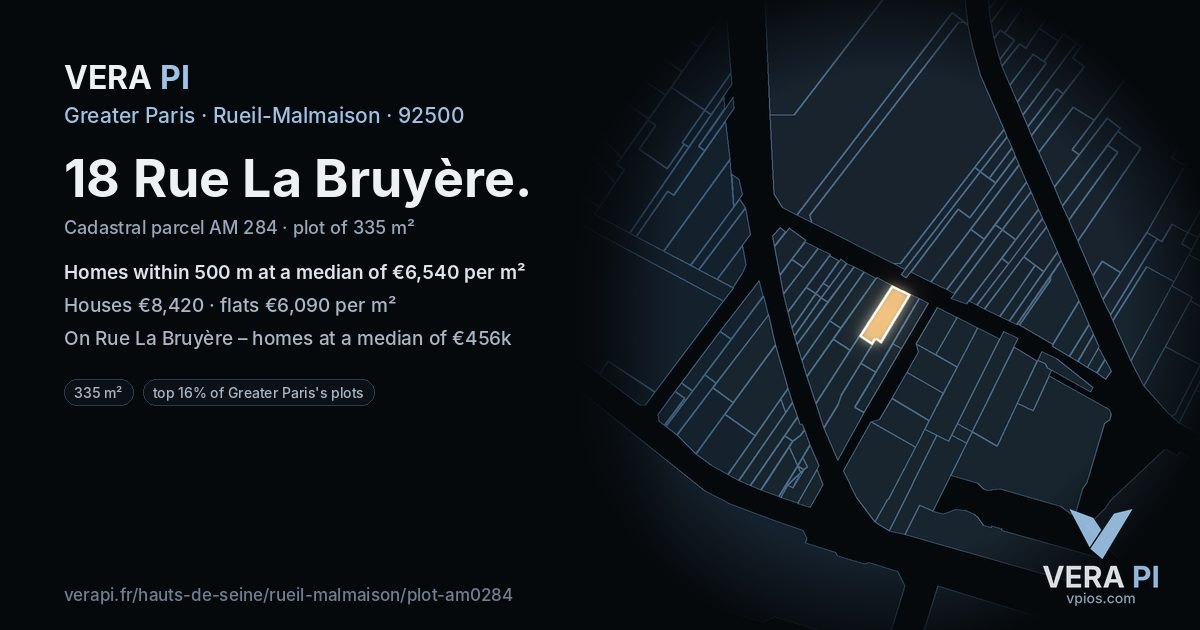 18 Rue La Bruyère, Rueil-Malmaison at night – the plot lit, the parcels around coloured by the prices near them