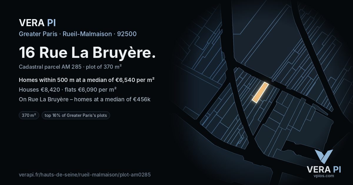 16 Rue La Bruyère, Rueil-Malmaison at night – the plot lit, the parcels around coloured by the prices near them