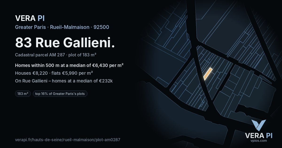 83 Rue Gallieni, Rueil-Malmaison at night – the plot lit, the parcels around coloured by the prices near them