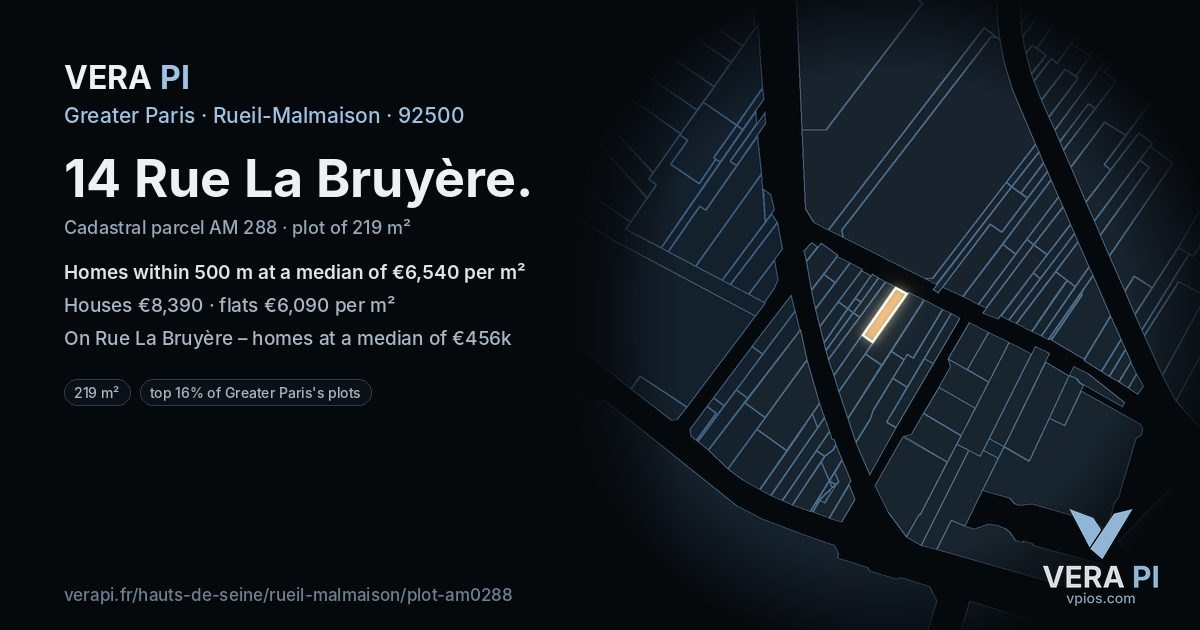 14 Rue La Bruyère, Rueil-Malmaison at night – the plot lit, the parcels around coloured by the prices near them