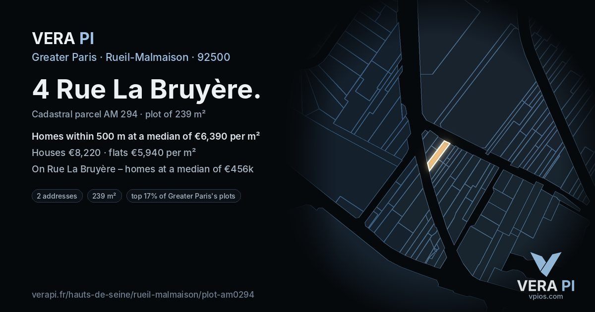4 Rue La Bruyère, Rueil-Malmaison at night – the plot lit, the parcels around coloured by the prices near them