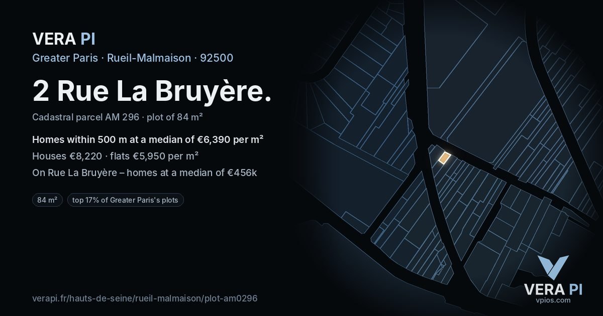 2 Rue La Bruyère, Rueil-Malmaison at night – the plot lit, the parcels around coloured by the prices near them
