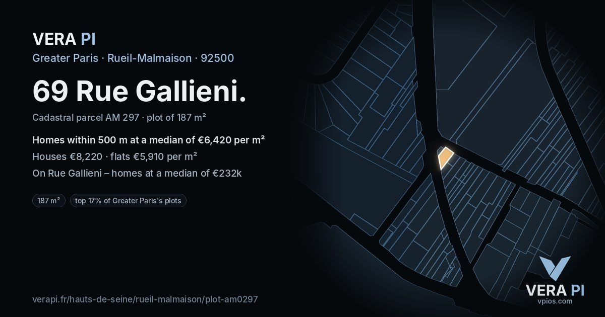 69 Rue Gallieni, Rueil-Malmaison at night – the plot lit, the parcels around coloured by the prices near them