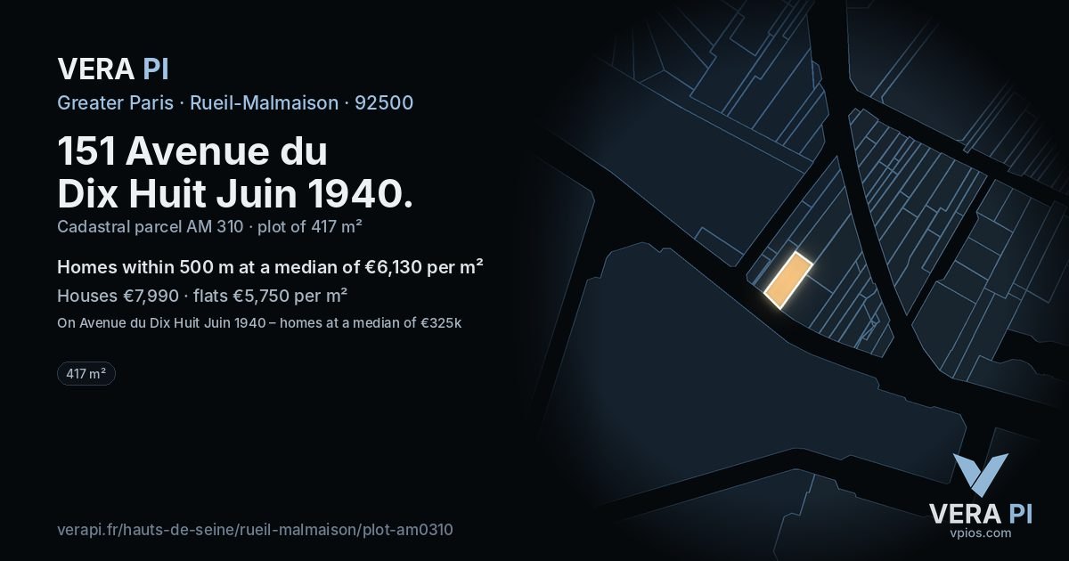 151 Avenue du Dix Huit Juin 1940, Rueil-Malmaison at night – the plot lit, the parcels around coloured by the prices near them