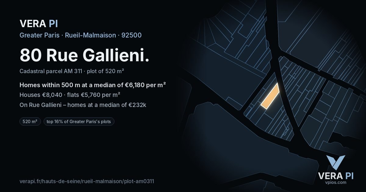 80 Rue Gallieni, Rueil-Malmaison at night – the plot lit, the parcels around coloured by the prices near them