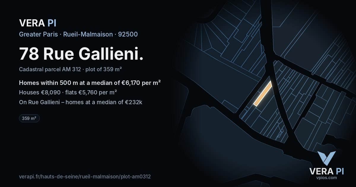 78 Rue Gallieni, Rueil-Malmaison at night – the plot lit, the parcels around coloured by the prices near them