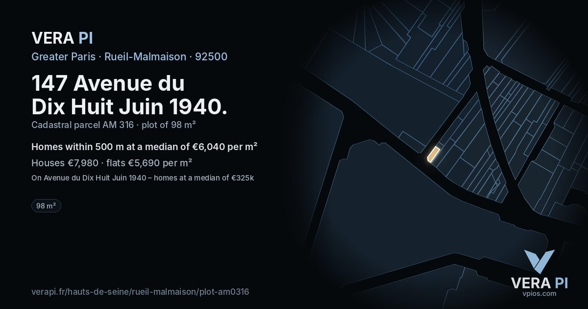 147 Avenue du Dix Huit Juin 1940, Rueil-Malmaison at night – the plot lit, the parcels around coloured by the prices near them