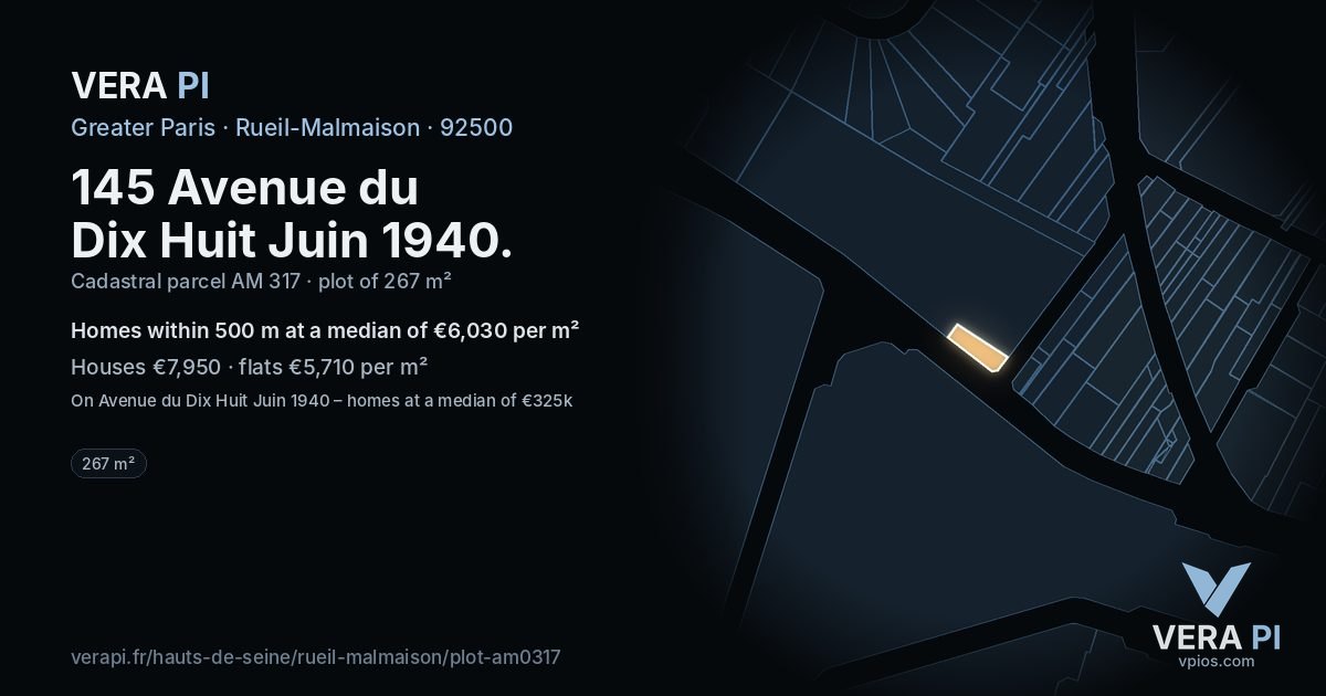 145 Avenue du Dix Huit Juin 1940, Rueil-Malmaison at night – the plot lit, the parcels around coloured by the prices near them